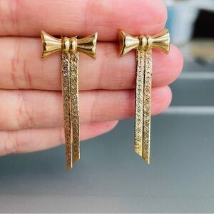 14k Yellow And Rose Gold Bow Herringbone Chain Fringe Dangle Vintage Ear…